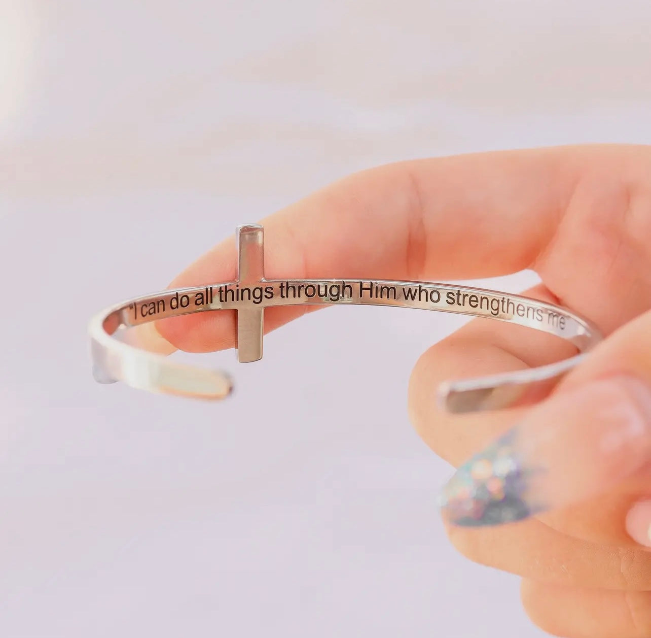 Stainless Steel Cuff Bracelet with Philippians 4:13 Scripture